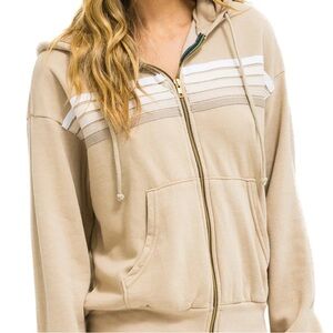 Aviator Nation 5 Stripe Sand and White Zip-Up Hoodie